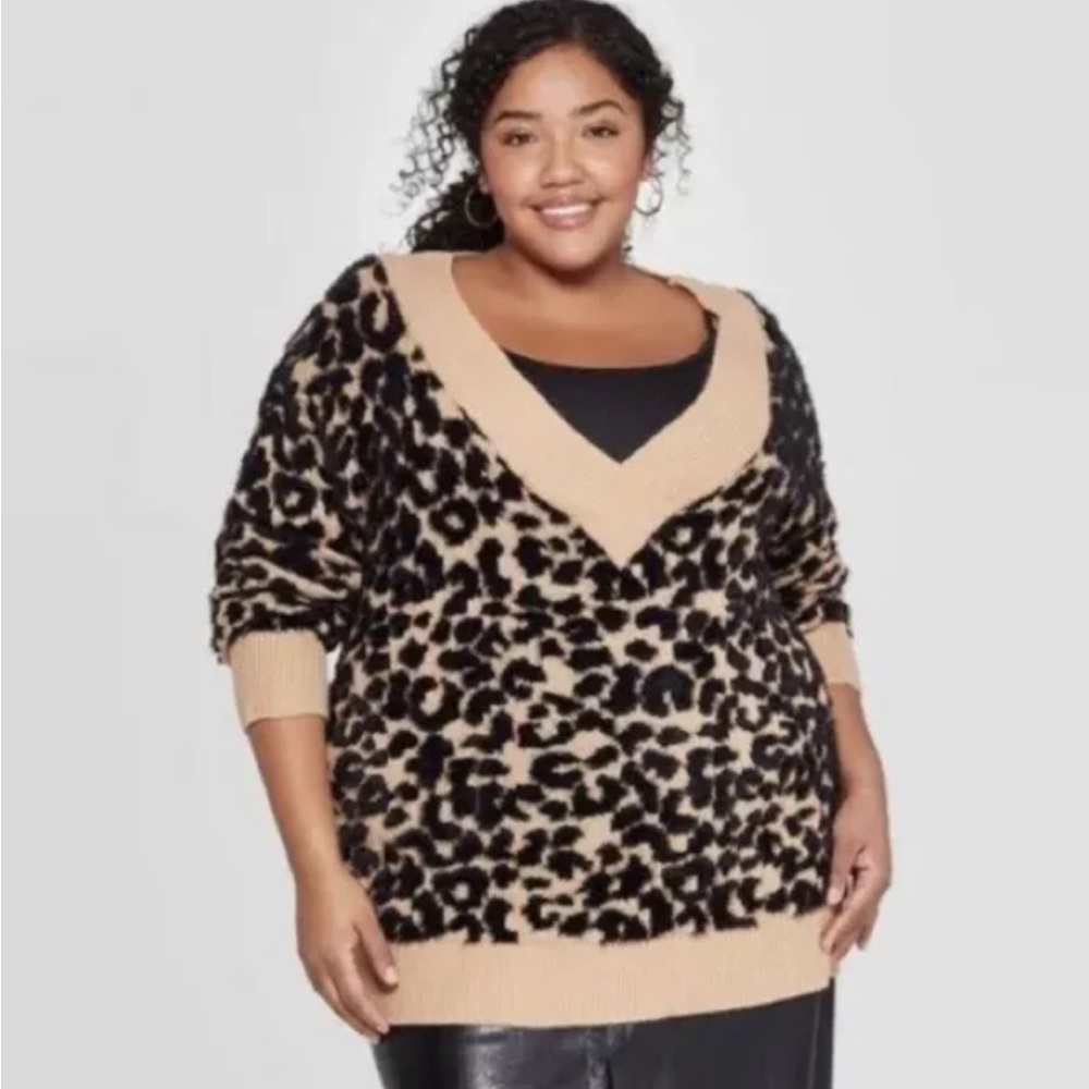 Ava & Viv Womens size 14W VNeck Pullover Sweater Leopard Animal Print Chunky